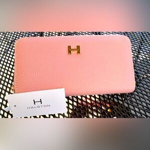 HALSTON- Pebbled Leather Blush Pink Double Zip Around Wallet NWT
